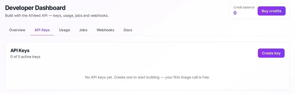 AIVeed Developer Dashboard API Keys tab with a Create key button