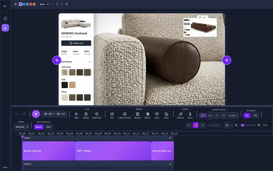 Der AIVeed-Editor im dunklen Design: eine Sofa-Werbung mit eingeblendetem Logo und drei Clips in der Zeitleiste.