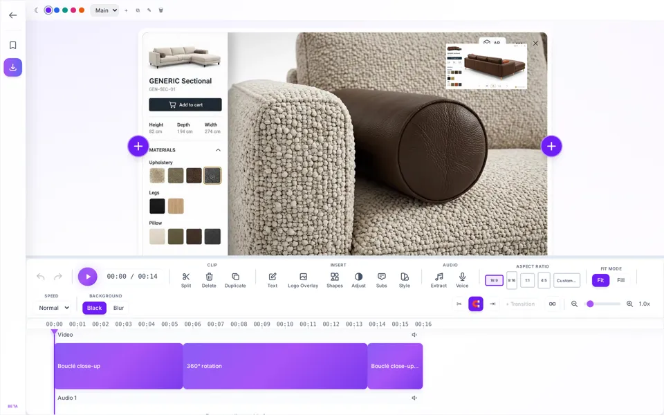 Der AIVeed-Editor: eine Sofa-Werbung mit eingeblendetem Logo, drei Clips in der Zeitleiste und Werkzeuge für Text, Untertitel, Logo, Audio, Seitenverhältnis und Geschwindigkeit.