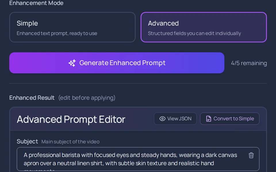 Enhance prompt im erweiterten Modus, dunkles Design: der Prompt, aufgeteilt in bearbeitbare Felder wie „Subject“.