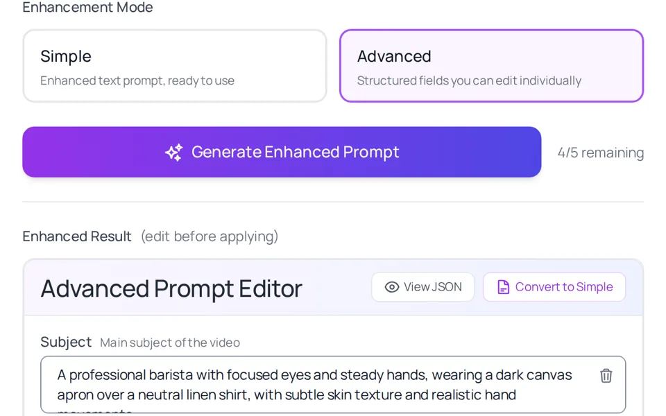 Enhance prompt im erweiterten Modus: der Prompt, aufgeteilt in bearbeitbare Felder wie „Subject“.